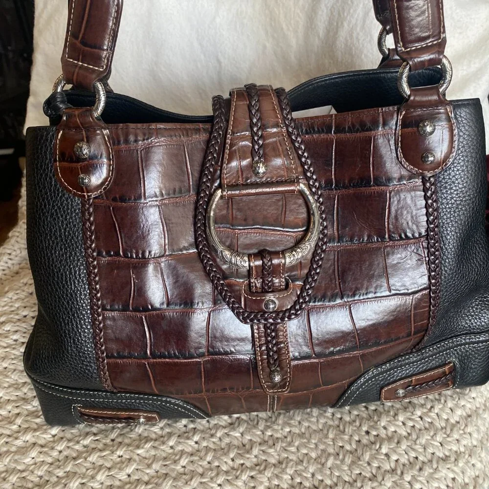 Brighton Croc Embossed Leather Tote Brown & Black Braided Detail - Picture 11 of 16